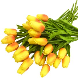 JOEJISN 30pcs Artificial Tulips Flowers Real Touch Orange Tulips Fake Holland PU Tulip Bouquet Latex Flowers for Wedding Party Office Home Kitchen Decoration (Orange)