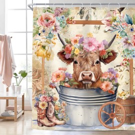Riyidecor Highland Cow Shower Curtain 72Wx72H Inch Farmhouse Funny Bull Rustic Western Watercolor Spring Flower Cute Animal Wooden Floral Plant Kids Bathroom Decor Set Fabric 12 Pack Plastic Hooks