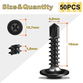 Wavanta 50Pcs Self Tapping Screws, M4.8 x 19mm Wafer Head Self Drilling Screws for Metal, Stainless Steel Self Tapping Screw, Black Oxide, Tek Screw with Screwdriver Bit