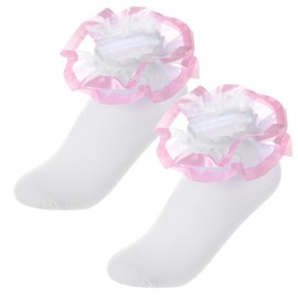 Pistha 2 Pairs Girls Ruffle Lace Socks Fancy Frilly Dress Princess Socks with Double Ruffles for Toddler Little Girls(Pink,1-3t)