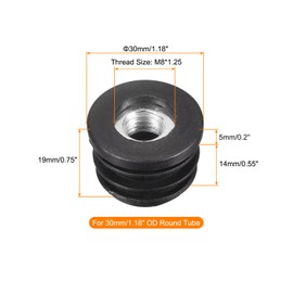 sourcing map 8Pcs Inserts for Round Tubes with M8 Thread, for 30mm/1.18" OD Round Tube, Round Black Plastic Adjustable Plug Caster Insert Chair End Caps Furniture Leg Plug