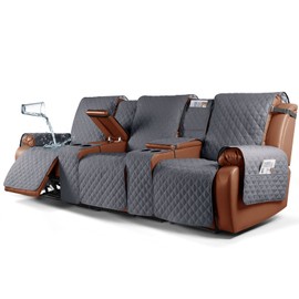 Ruaozz Waterproof Recliner Sofa Cover with Console, Non-Slip Couch Cover Pet Cover for Double Recliner Split Sofa Cover with Elastic Straps for Kids, Dogs, Pets (Dark Grey, 3 Seater)