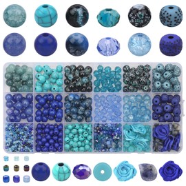 KINGSHINE Blue Beads for Bracelets Making, 18 Colors 1018pcs Glass Beads for Jewelry Making, Gemstone Round Loose Beads for Women Men Earring Necklace DIY Craft Supplies