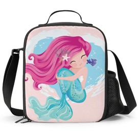JIMOWANG Mermaid Girl Insulated Lunch Bag with Shoulder Strap and Bottle Holder Portable Thermal Lunch Container Bag for School Travel Picnic
