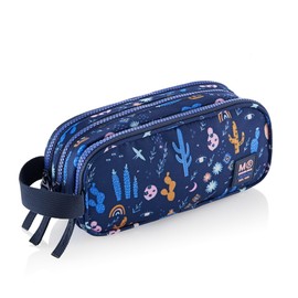 Miquelrius - Federmäppchen mit 3 Fächern, dreifache Schulmäppchen, Reißverschlüsse aus robustem Kunststoff, Metallgriffe, Tragegriff zum Tragen, Federmäppchen, Desert, Marineblau, 210 x 105 x 60 mm,