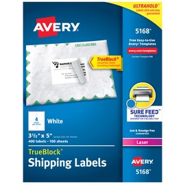 Avery Printable Shipping Labels with Sure Feed, 3-1/2" x 5", White, 400 Blank Mailing Labels for Laser Printers (5168)