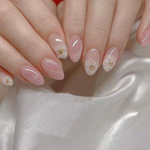 Press On Nails with Nail Glue, 3D Peach Flower Summer
