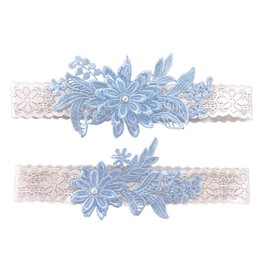 Juego de ligas de boda para novia de margaritas de encaje para novia, juego de ligas de perlas sintéticas cosidas a mano, 2 piezas, Azul (Sky Blue), Talla única