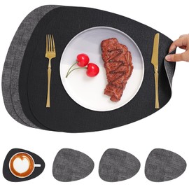 Chitomars Faux Leather Placemats and Coasters, Washable Double-Sided Non-Slip Place Mats, Round, Leather Look Placemats, Plates, Coasters (Set of 4, Grey Black)