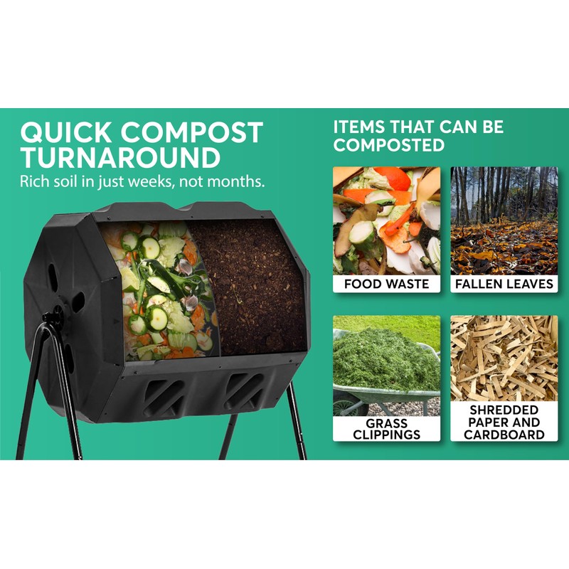 TerraTurner Outdoor Tumbling Composter Dual Rotating Batch Compost Bin, 43