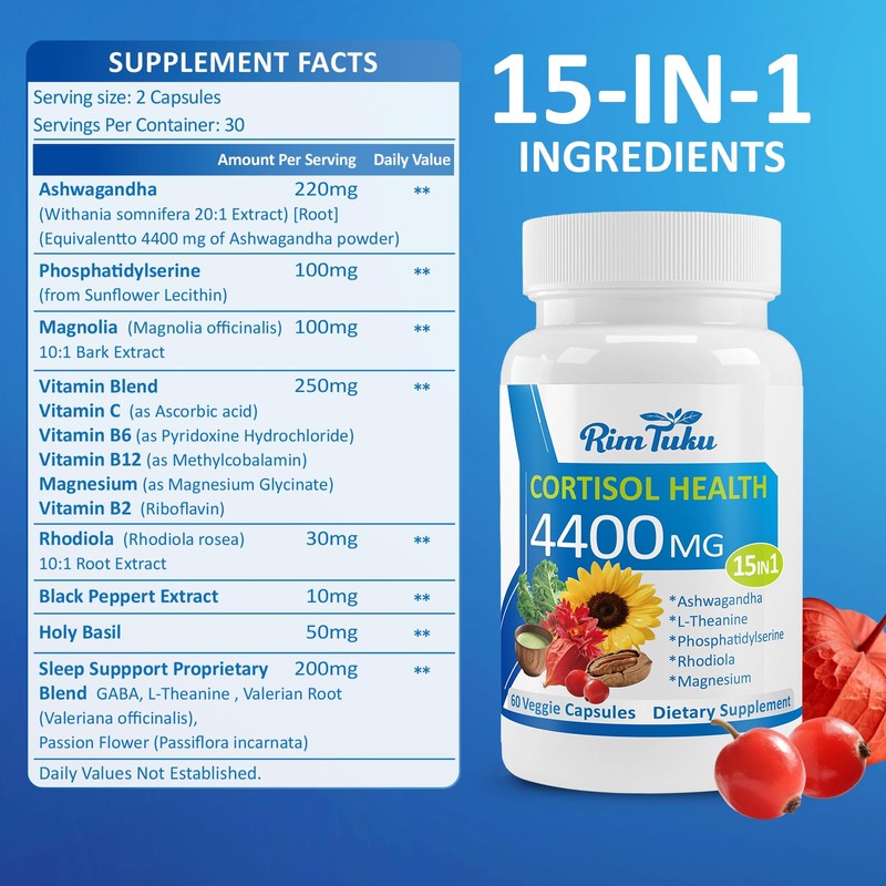 RimTuku Cortisol Supplements for Women & Men -15-in-1 Cortisol Detox