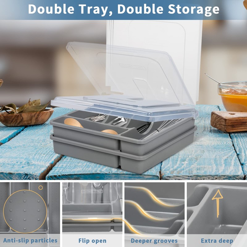 YICOCHI 2 Layer Large Silverware Tray with Lid,Stackable Utensil Organizer