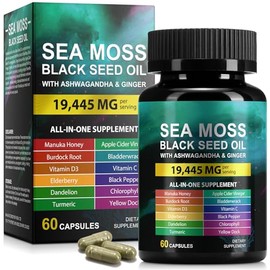 Sea Moss Black Seed Oil Capsules with Ashwagandha Ginger Turmeric Burdock Root Bladderwrack, Daily Wellness Supplement for Energy Balance Digestive Support, 60 Capsules