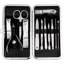 Triko Kit para Uñas, Set de 12 Piezas de manicura de Acero Inoxidable, Kit de Manicura y Pedicura, Cortaúñas, Kit de Aseo Profesional, Herramientas de Uñas con Lujoso Estuche de Viaje. (NEGRO)