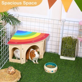 Glittme Spacious Guinea Pig & Bunny House - Fan-Shaped Wooden Hideout with Detachable Top for Guinea Pig, Hamster