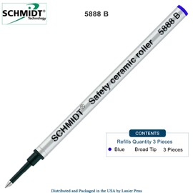 Schmidt 5888 B Safety Ceramic Rollerball Metal Refill - Blue Ink (Broad Tip 1.00mm) - Pack of 3