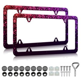 Red Purple Bling License Plate Frames - 2 Pack Sparkly Stainless Steel License Plate Holder,Rust-Proof Waterproof Car Decorative Tag Frames with Screws Fasteners Caps