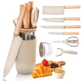 TOPLUCKY Knife Set, 7-Piece Kitchen Knife Set with Sharp Chef and Meat Knives, Anti-Rust Utility Knives Set for Kitchen, Kitchen Knife Block Set – Khaki