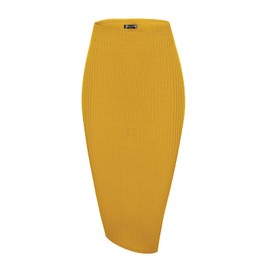 Urban CoCo Elastic High Waist Knee Length Pencil Skirt Ribbed Knit Basic Tube Midi Skirt (Turmeric, XL)