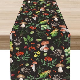 Drapeloft Mushroom Table Runner, Rustic Farmhouse Forest Plants Botanical Wild Floral Coffee Table Center Decor for Home Kitchen Dining Patio Holiday Party Indoor Outdoor Table Decorations, 13"x72" Inch