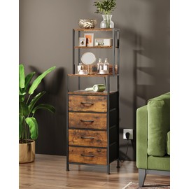 WLIVE Tall Nightstand with Charging Station, LED Night Stand with 4 Drawers and Storage Open Shelves, Fabric Dresser for Bedroom, Living Room, Office, Rustic Brown