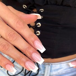 Medium Press on Nails Square Fake Nails 24Pcs False Nails with White French Tip Nails Gloss Designs Acrylic Nails Press ons Artificial Nails Stick on Nails for Women and Girls