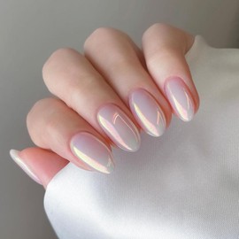 White Chrome Press on Nails Medium Almond Fake Nails with Design Ice Iridescent Stiletto Acrylic Nails Aurora Mirror Effect Glue on Nails Translucent Pearl Stick on False Nails for Women 24PCS