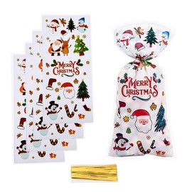 Pack of 100 Christmas Cookie Bags, Santa Claus Pattern Cellophane Bags, Clear, Candy Bag, Cellophane Bags with 100 Twist Ties (12.5 x 27.5 cm)