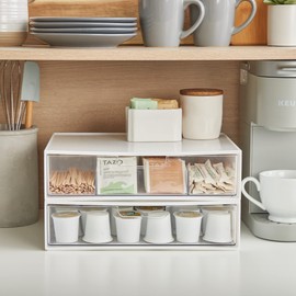 STORi 2 Tier Wide Stackable Kitchen Storage Drawers, White with Clear Bins with Handles, Drawer Organizers for Pantry, Bathroom Undersink, Cabinet Organization and Storage, 2 Drawer Pack, Made in USA