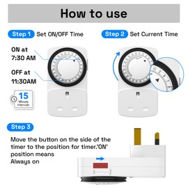 HBN 24 Hour Timer Plug Socket UK,Plug-in Segment Plugs Timers Switch,Programmable Energy Saving Light Switchs for Home Security Light Socket,Lamp, Christmas Lights(15min,1Pack)