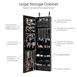 Byroce Jewelry Armoire Cabinet, Lockable Jewelry Organizer with Full Length Mirror & 2 LED Lights, Wall Door Mounted Jewelry Armoires for Women (Black)