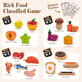 Toyssa Wooden Play Food Sets for Kids Kitchen, Play Toy Foods for Toddlers with Realistic Colors & Shelf, Pretend Play Kitchen Accessories Christmas Birthday Gifts for Girls Boys 3 4 5 6 7