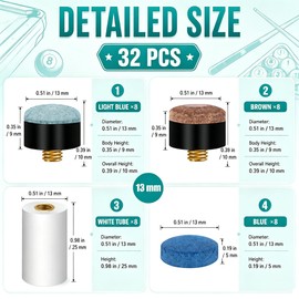Bettoor 13mm Pool Cue Tips-3 Types Pool Cue Tips Replacement Kit, 24PCS