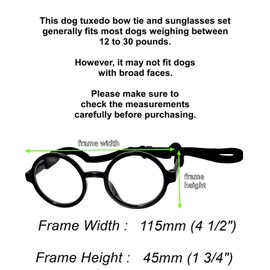 C03 Dog Pet Costume Set Retro Glasses + Tuxedo Bow Bib Small to Medium Breeds 12-30LBS Party Prop Photoshoot (Round Black-Clear + Tuxedo bib)