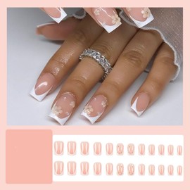Press on nails Square medium False Nails French Tip Fake Nails with Pearl 3D Flower Designs Artificial Nails Glossy Cute Glue on Nails Whhite Stick on Nails for Women 24pcs