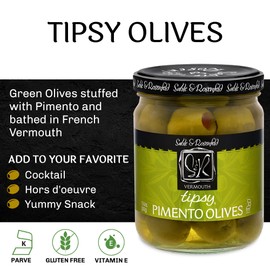 Sable & Rosenfeld Tipsy Olives - Green Olives Stuffed with Pimento - Colossal Cocktail Olives with French Vermouth for Bloody Mary Condiments, Martini Stuffed Olives - 10.6 oz (Pack 4)