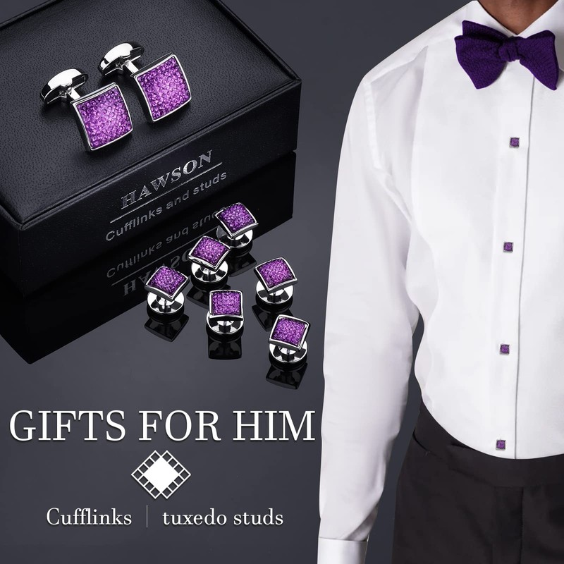 HAWSON Graceful Square Purple Crystal Man Tuxedo Cufflinks Shirt Studs