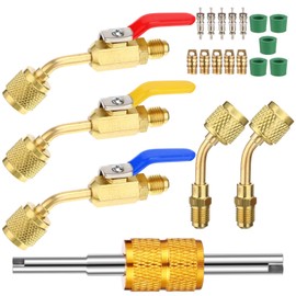 Mudder 21 Pcs A2L R32 R454B HVAC Adapter Kit, 1/4" LH Female to 1/4" SAE Male Refrigerant Fitting Set with Ball Valves, Valve Core Remover for Mini Split AC System(45° Angle, Brass)