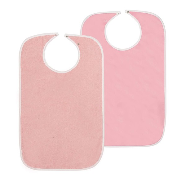 Nobles 3 Terry Adult Bibs with Vinyl Barrier - Snap Closure (Pink with Pink Backing)
