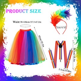 IWTBNOA Rainbow Costume Women's Tulle Skirt Rainbow Women's Long, Tulle Skirt Colourful with Colourful Feather Headband, 80s Costume Accessories, Retro Neon Tutu for Carnival, Costume Party, Theme