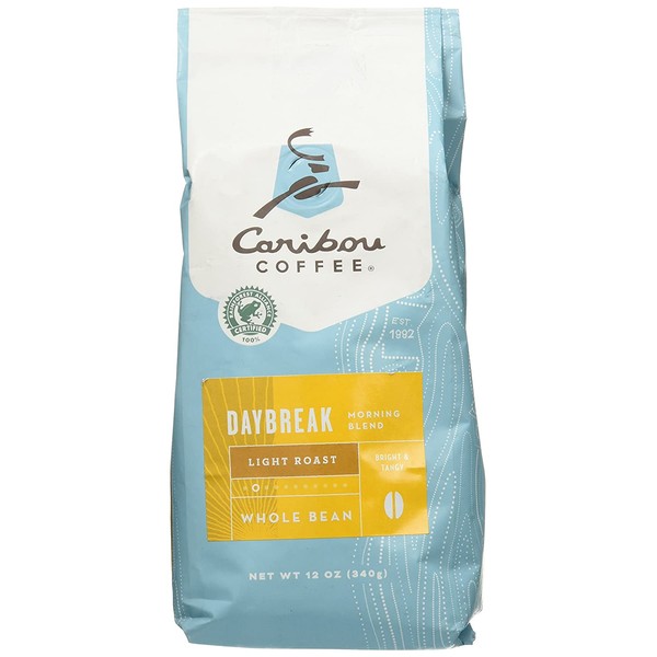 Caribou Coffee, Daybreak Morning Blend, Whole Bean, 12 oz. Bag, Breakfast Blend of Light Roast Coffee Beans from the Americas & East Africa, Bright Body with A Smooth Finish; Sustainable Sourcing