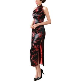 Women's Backless Halterneck Sleeveless Chinese Cheongsam Mandarin Collar Side Split Long Qipao Outfit (20-Plum Black/Red, L)
