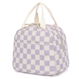 Dezcrab Corduroy Lunch Box for Women Girls, Cooler Lunch Bags Reusable Insulated Lunchbox for Picnic School Work Travel (Checkered Purple)
