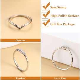 Krfy Pack of 3 925 Sterling Silver Rings Ankle Rings for Women 18 Carat White Gold Love Knot Feather Dainty Rings Thumb Finger Stackable Rings Set Band Rings for Women Girls, Size:
