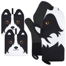 Hkojewp Oven Mitts and Pot Holders Sets, Cute Border Collies Kitchen Oven Mitts, Heat Resistant Gloves and Hot Pads Soft Lining Potholders, Mitten Gift Set Kitchen Baking Grilling Cooking Housewarming