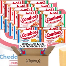 Combos Stuffed Snack 20 Bag 4 Flavor Bulk Variety Share Pack - Pepperoni Pizza Baked Cracker, Cheddar Cheese Pretzel, Pizzeria Baked Pretzel, Cheddar Cheese Baked Cracker In Cornershop Confections Box