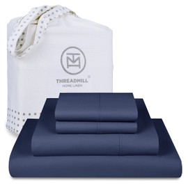 Threadmill Supima Cotton Sheets Queen | 656 Thread Count Queen Sheets for Queen Mattress | 4 Piece Luxury Bed Sheets | Sateen Weave Hotel Quality Sheets with Elasticized Deep Pocket | Folkstone Blue