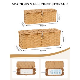 Temary Cable Management Box with Lids, 2-Pack Handmade Cable Organizer Boxes for Home, Office to Hide Cords and Power Strip, Cord Cover Floor Hider Set Woven Rattan Cable Organizer Box