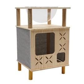 BANLICALI Modern Cat Tower Cat Tree with Scratching Posts and Space Capsule, Up to 27.56 LBS, 2 Tiers Wooden Cat Cave Bed Playhouse Cat Condo Perch for Indoor Cats