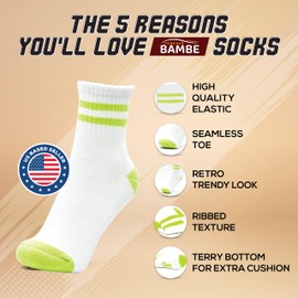 Forever Bambe Mini Crew Socks for Women Soft Terrycloth Cushioned Bottom Striped Retro Athletic Quarter Calf Gym Socks (4-Pack) White Ankle Socks with Red/Blue Stripe